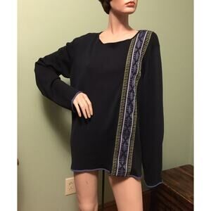 PORTS 1961 Black W/Blue Green Side Stripe Cotton LS Scoop Neck Knit TOP Sz M